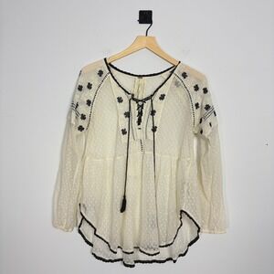 Free People Star Dust Mesh Roses Are Red Embellished Gauze Lace Up Tunic‎ Top XS